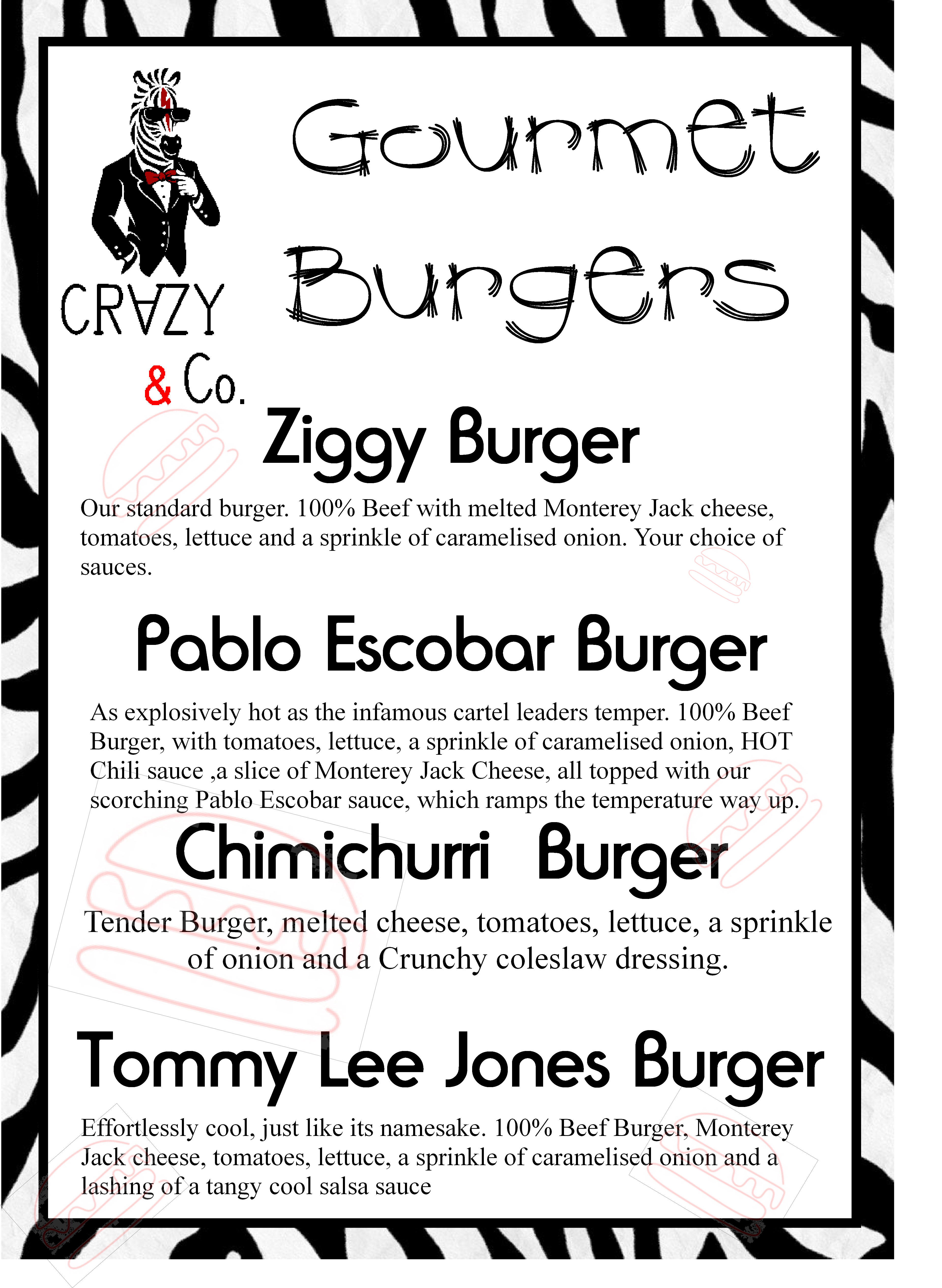 Our new gourmet burger menu.