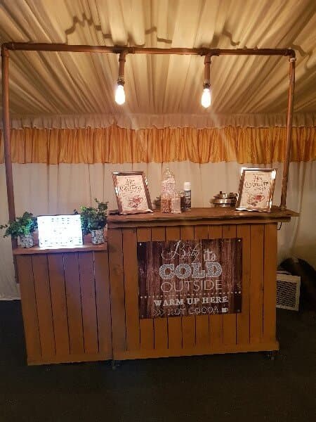 Rustic hot chocolate cart hire parties events weddings