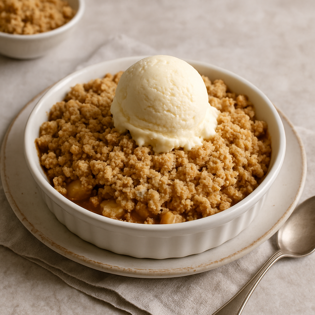 A beautifully presented apple crumble with a scoop of vanilla ice cream